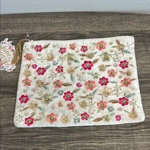 Floral Embroidered/Beaded Clutch/Make-Up Bag